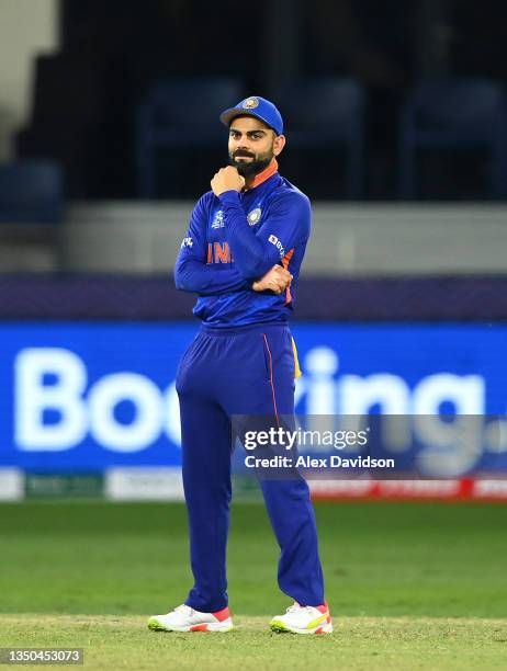 Virat Kohli of India looks on during the ICC Men's T20 World Cup match between India and NZ at Dubai International Stadium on October 31, 2021 in...