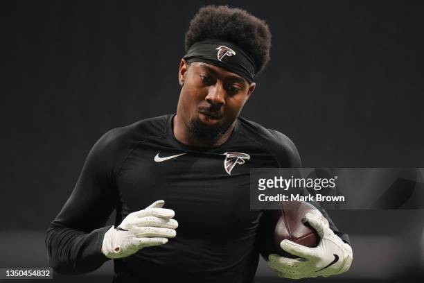 Russell Gage of the Atlanta Falcons warms up before the game against the Carolina Panthers at Mercedes-Benz Stadium on October 31, 2021 in Atlanta,...