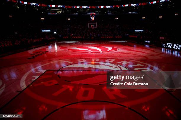 The empty court ahead of theiNBA game between the Toronto Raptors and the Orlando Magic at Scotiabank Arena on October 29, 2021 in Toronto, Canada....