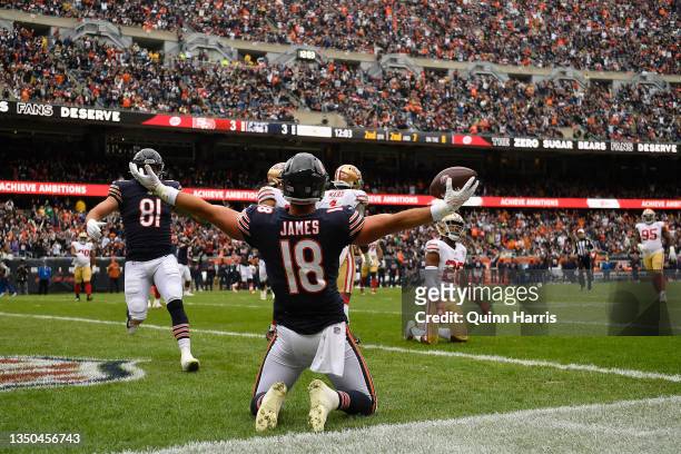 Jesse James of the Chicago Bears celebrates after scoring a touchdown in the second quarter against the San Francisco 49ers at Soldier Field on...