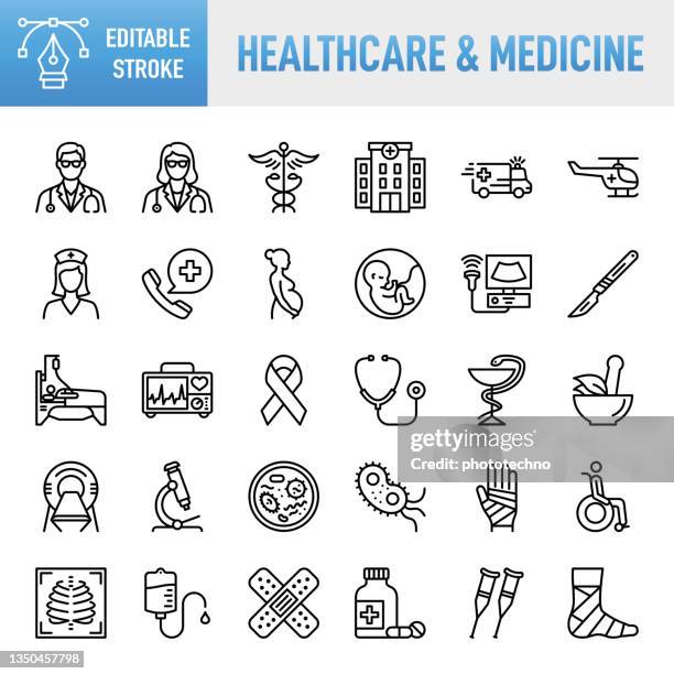 thin line vector icon set. pixel perfect. editable stroke. for mobile and web. the set contains icons: healthcare and medicine, medical exam, medicine, hospital, doctor, medical insurance, insurance, nurse, stethoscope, ambulance, first aid, first aid kit - hospital helicopter stock illustrations