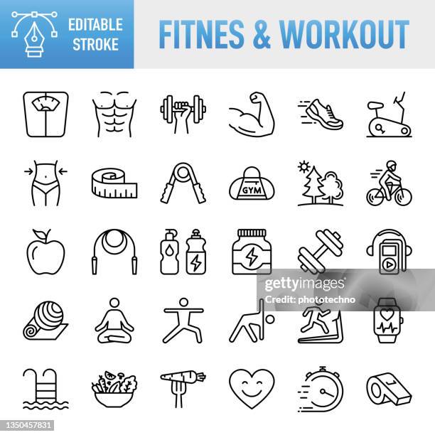 ilustrações, clipart, desenhos animados e ícones de conjunto de ícones vetoriais de linha fina. pixel perfeito. golpe editável. para mobile e web. o conjunto contém ícones: estilo de vida saudável, exercícios, esporte, alimentação saudável, academia, bem-estar, dieta, cuidados de saúde e medicina, - estilo de vida ativo