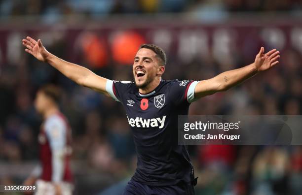 Pablo Fornals of West Ham United celebrates after scoring their side's third goal during the Premier League match between Aston Villa and West Ham...