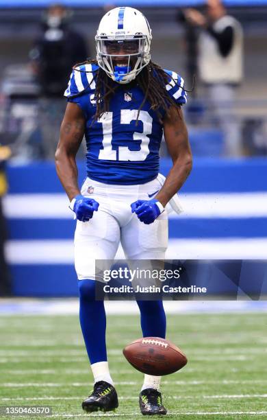 Hilton of the Indianapolis Colts celebrates a first down in the first half of their game against the Tennessee Titans at Lucas Oil Stadium on October...