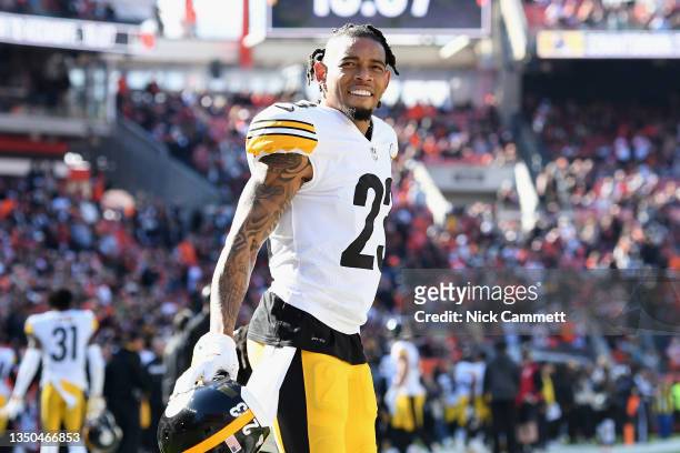 Joe Haden of the Pittsburgh Steelers reacts during the first half of their game against the Cleveland Browns at FirstEnergy Stadium on October 31,...