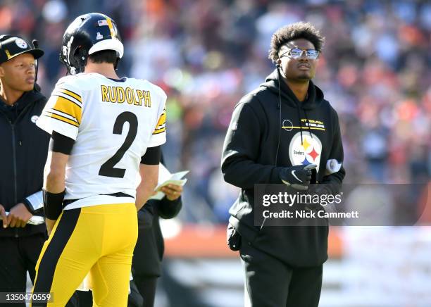 Dwayne Haskins of the Pittsburgh Steelers looks on from the sidelines during the first half against the Cleveland Browns at FirstEnergy Stadium on...