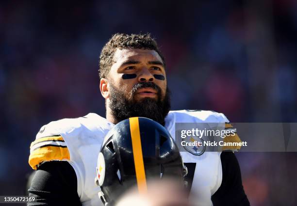 Cameron Heyward of the Pittsburgh Steelers looks on before the second half against the Cleveland Browns at FirstEnergy Stadium on October 31, 2021 in...