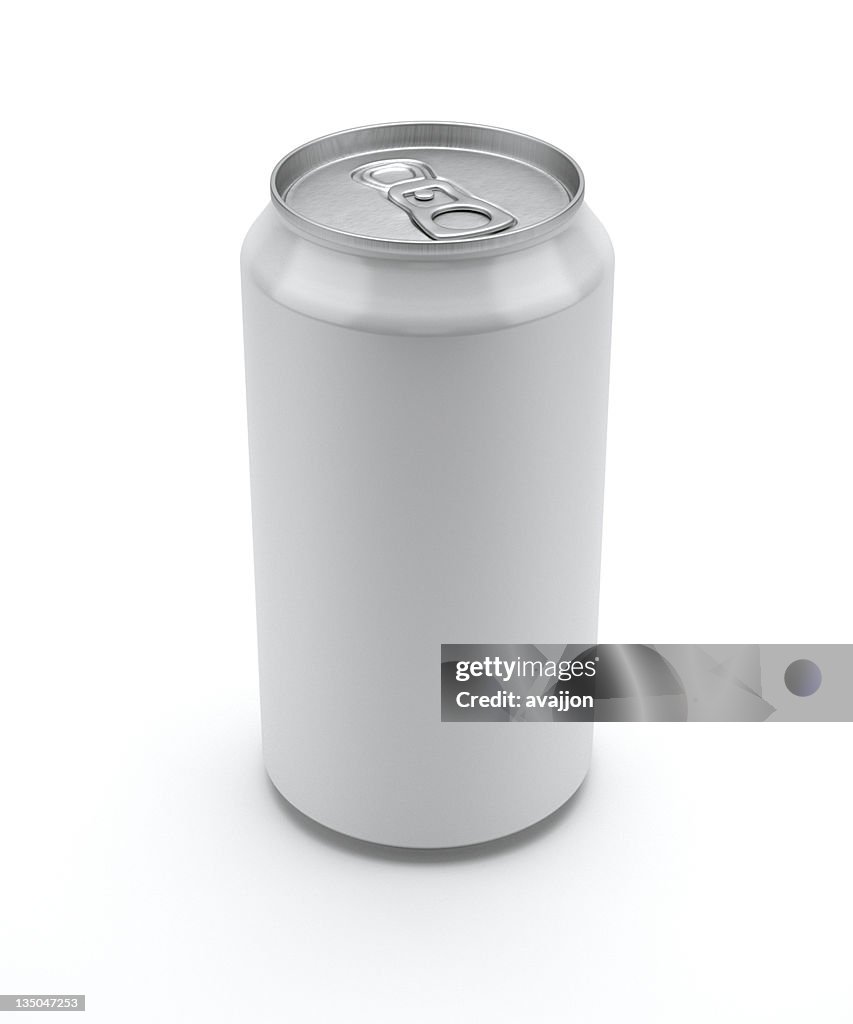 Label-less soda can standing unopened on a white background