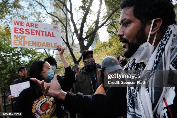 New York City taxi drivers and their supporters demanding debt relief rally during the second week of a hunger strike outside City Hall on October...