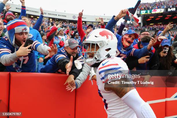 Gabriel Davis of the Buffalo Bills celebrates with fans after scoring a touchdown in the third quarter against the Miami Dolphins at Highmark Stadium...