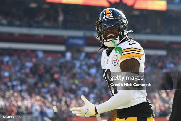 Diontae Johnson of the Pittsburgh Steelers reacts during the second half against the Cleveland Browns at FirstEnergy Stadium on October 31, 2021 in...