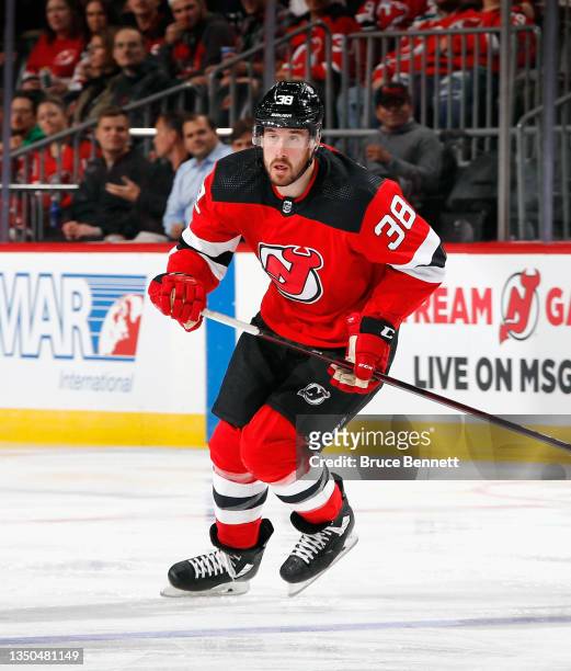 Frederik Gauthier of the New Jersey Devils skates against the Calgary Flames at the Prudential Center on October 26, 2021 in Newark, New Jersey.