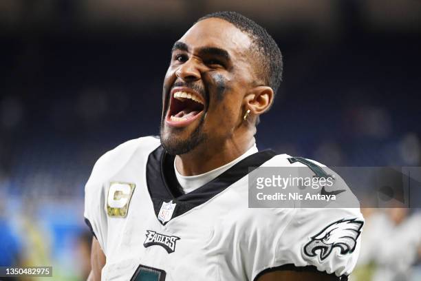 Jalen Hurts of the Philadelphia Eagles reacts after defeating the Detroit Lions 44-6 at Ford Field on October 31, 2021 in Detroit, Michigan.