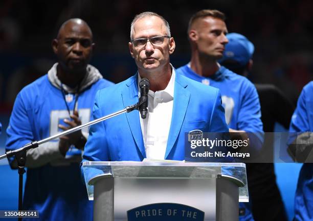 Chris Spielman former Detroit Lions player during the Pride of the Lions celebration during halftime in the game against the Philadelphia Eagles at...