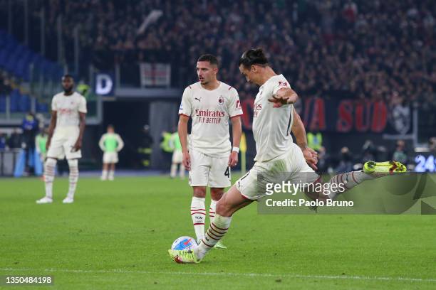 Zlatan Ibrahimovic of AC Milan scores their side's first goal from a free kick during the Serie A match between AS Roma and AC Milan at Stadio...