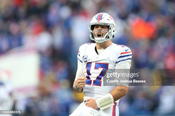 Josh Allen of the Buffalo Bills reacts in the fourth quarter against the Miami Dolphins at Highmark Stadium on October 31, 2021 in Orchard Park, New...