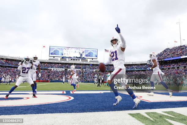 Jordan Poyer of the Buffalo Bills celebrates after making an interception in the fourth quarter against the Miami Dolphins at Highmark Stadium on...