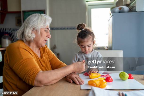 senior grandmother and 3 years old  granddaughter playing with toys at home - 2 3 years stock pictures, royalty-free photos & images