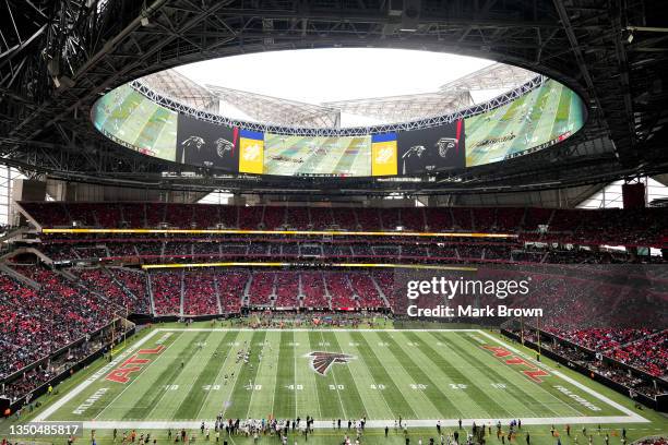 General view during the game between the Carolina Panthers and Atlanta Falcons at Mercedes-Benz Stadium on October 31, 2021 in Atlanta, Georgia.