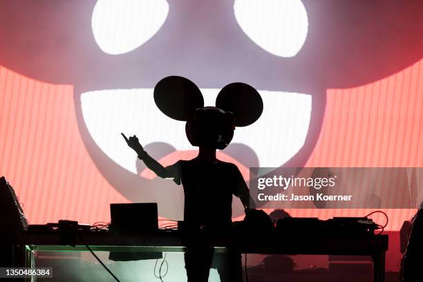 Deadmau5 is seen performing onstage during the 2021 Day Of The Deadmau5 at Island Gardens on October 30, 2021 in Miami, Florida.