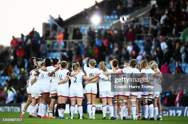 Players of England huddle following the Autumn International match between England Red Roses and New Zealand Women at Sandy Park on October 31, 2021...