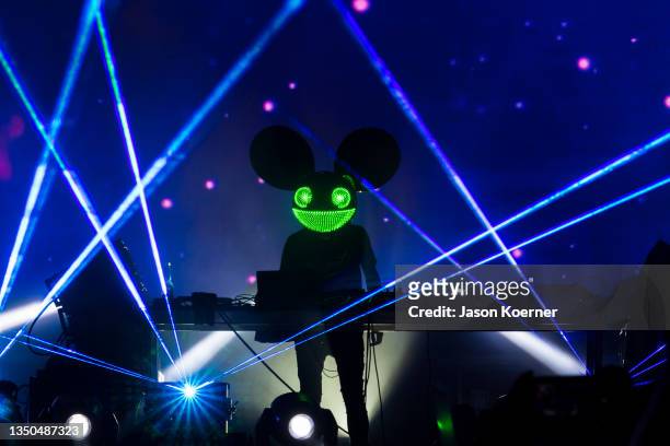 Deadmau5 is seen performing onstage during the 2021 Day Of The Deadmau5 at Island Gardens on October 30, 2021 in Miami, Florida.