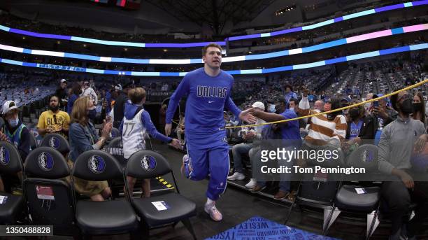 Luka Doncic of the Dallas Mavericks takes the court to take on the Sacramento Kings at American Airlines Center on October 31, 2021 in Dallas, Texas....