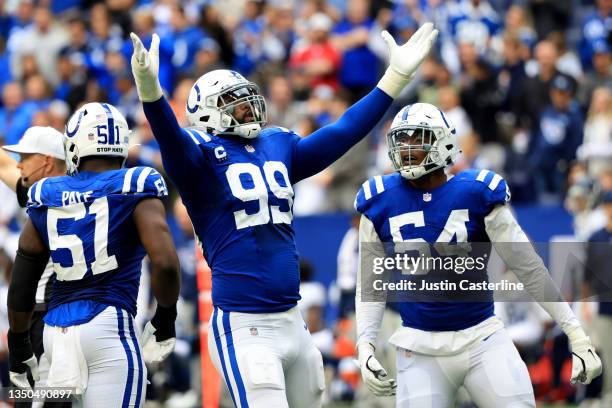 DeForest Buckner of the Indianapolis Colts celebrates a sack in the second half against the Tennessee Titans at Lucas Oil Stadium on October 31, 2021...