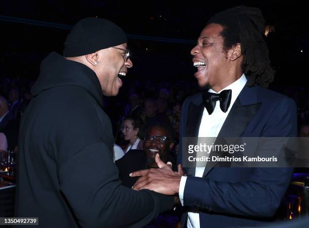 Cool J and Jay Z pose during the 36th Annual Rock & Roll Hall Of Fame Induction Ceremony at Rocket Mortgage Fieldhouse on October 30, 2021 in...
