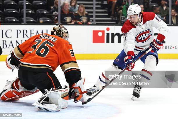 John Gibson of the Anaheim Ducks blocks a shot on goal by Josh Anderson of the Montreal Canadiens during the second period of a game at Honda Center...