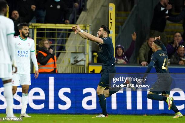 Wesley Hoedt of Anderlecht celebrate equaliser but it's ruled out by VAR during the Jupiler Pro League match between Anderlecht and OH Leuven at...