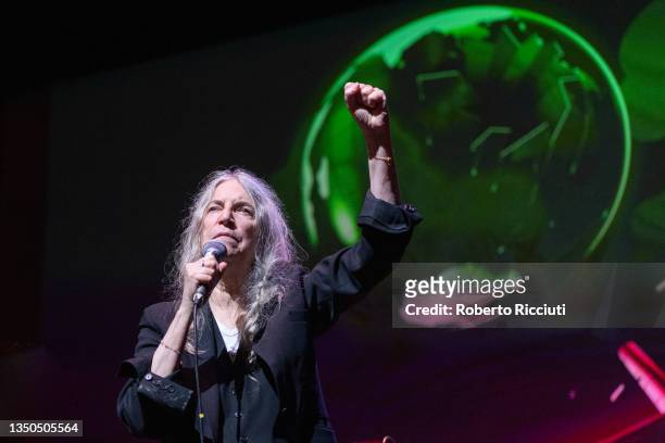 Patti Smith performs on stage for "Pathway To Paris" at Theatre Royal on the opening eve of the United Nations Climate Change Conference, COP26, on...
