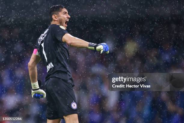 Jesus Corona of Cruz Azul celebrates after the first goal of his team during the 16th round match between Cruz Azul and America as part of the Torneo...