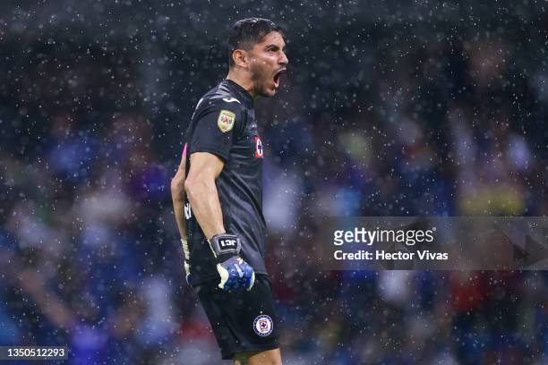 Jesus Corona of Cruz Azul celebrates after the first goal of his team during the 16th round match between Cruz Azul and America as part of the Torneo...