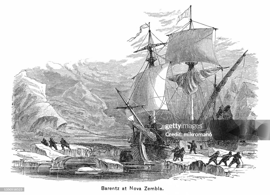 Old engraved illustration of Expedidion of Willem Barentsz, (William Barents or Barentz), at Novaya Zemlya, Nova Zembla, a Russian archipelago in the Arctic Ocean