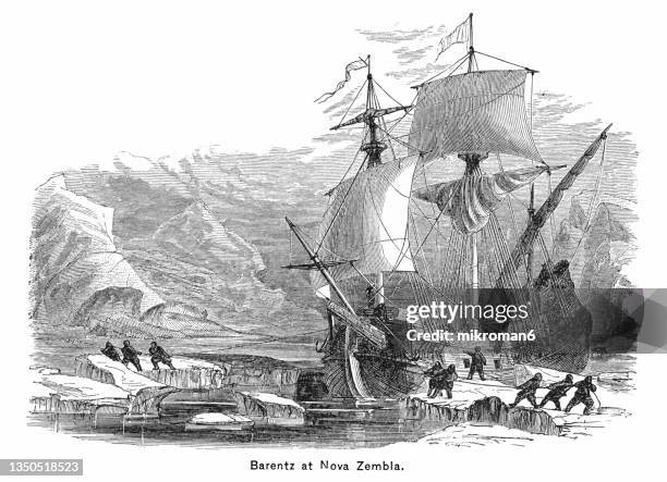 old engraved illustration of expedidion of willem barentsz, (william barents or barentz), at novaya zemlya, nova zembla, a russian archipelago in the arctic ocean - novaya stock pictures, royalty-free photos & images