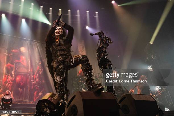 Dani Filth of Cradle Of Filth performs at The Roundhouse on October 31, 2021 in London, England.
