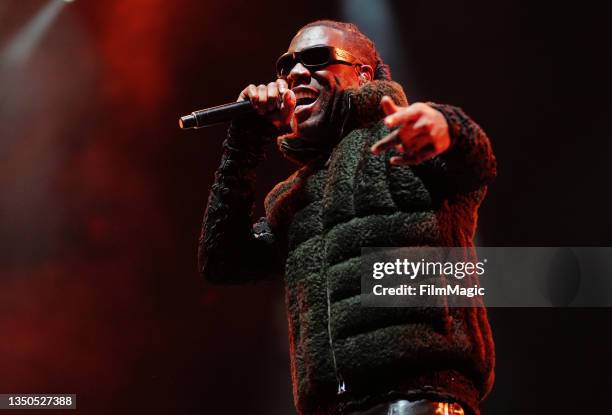 Burna Boy performs on the Twin Peaks Stage during day 3 of the 2021 Outside Lands Music and Arts Festival at Golden Gate Park on October 31, 2021 in...