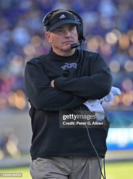 Head coach Gary Patterson of the TCU Horned Frogs walks the sideline during the second half against the Kansas State Wildcats at Bill Snyder Family...