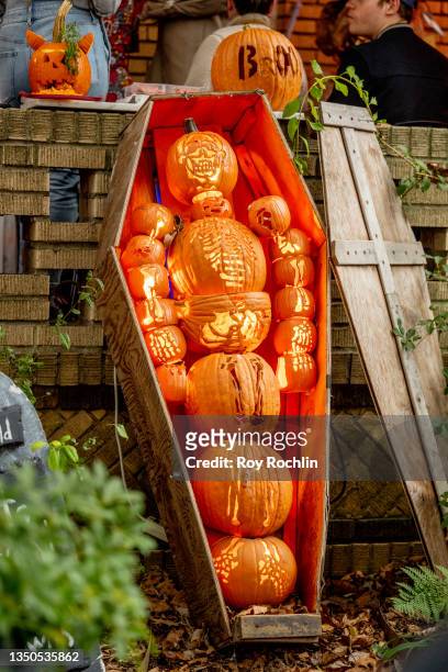 House is decorated with a Jack o' Lantern in celebration of Halloween at the Kensington neighborhood in Brooklyn on October 31, 2021 in New York City.