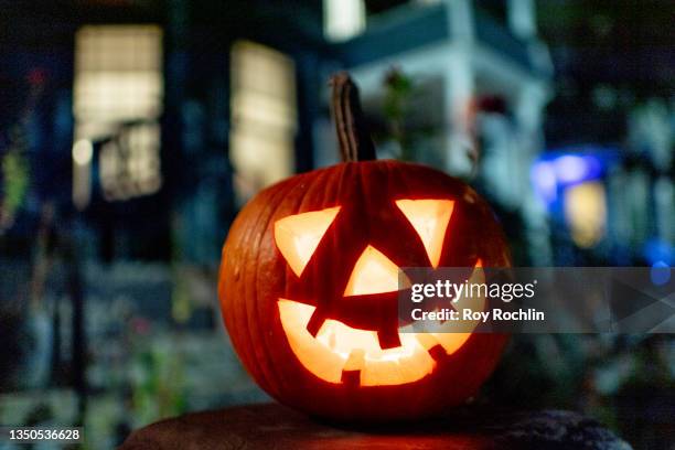 House is decorated with Jack o' Lanterns in celebration of Halloween at the Kensington neighborhood in Brooklyn on October 31, 2021 in New York City.