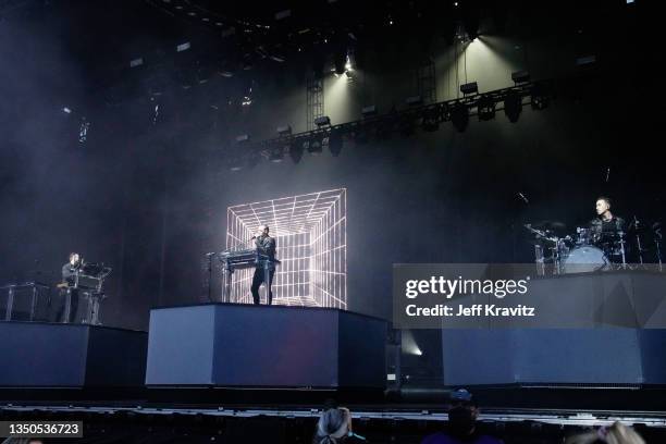 Jon George, Tyrone Lindqvist, and James Hunt of RÜFÜS DU SOL perform on the Lands End Stage during day 3 of the 2021 Outside Lands Music and Arts...
