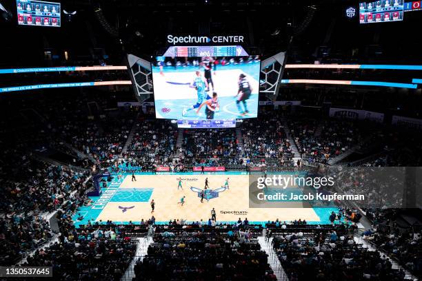 General view of the arena during the game between the Charlotte Hornets and the Portland Trail Blazers at Spectrum Center on October 31, 2021 in...