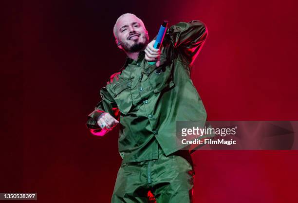 Balvin performs on the Twin Peaks Stage during day 3 of the 2021 Outside Lands Music and Arts Festival at Golden Gate Park on October 31, 2021 in San...