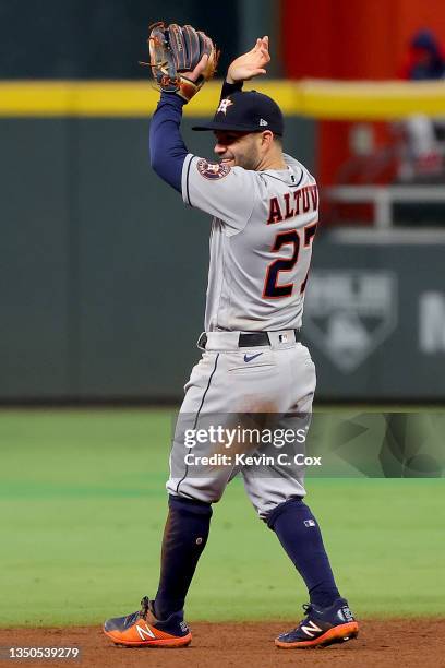 Jose Altuve of the Houston Astros celebrates the team's 9-5 win against the Atlanta Braves in Game Five of the World Series at Truist Park on October...