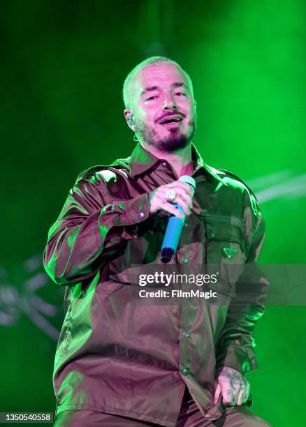 Balvin performs on the Twin Peaks Stage during day 3 of the 2021 Outside Lands Music and Arts Festival at Golden Gate Park on October 31, 2021 in San...