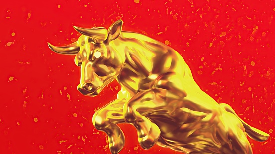 3d rendering of Golden bull as a symbol of wealth and success in the red Scrap gold background