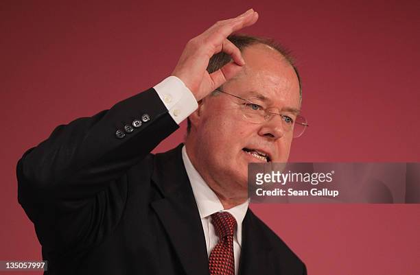 Peer Steinbrueck, a leading member of the German Social Democrats , speaks on the third day of the SPD annual federal party congress on December 6,...