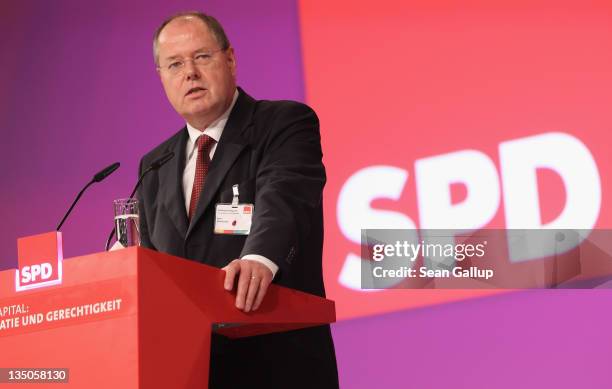 Peer Steinbrueck, a leading member of the German Social Democrats , speaks on the third day of the SPD annual federal party congress on December 6,...