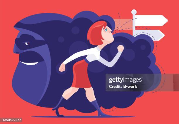 businesswoman blowing from black cloud and finding sign post - breathing problem stock illustrations